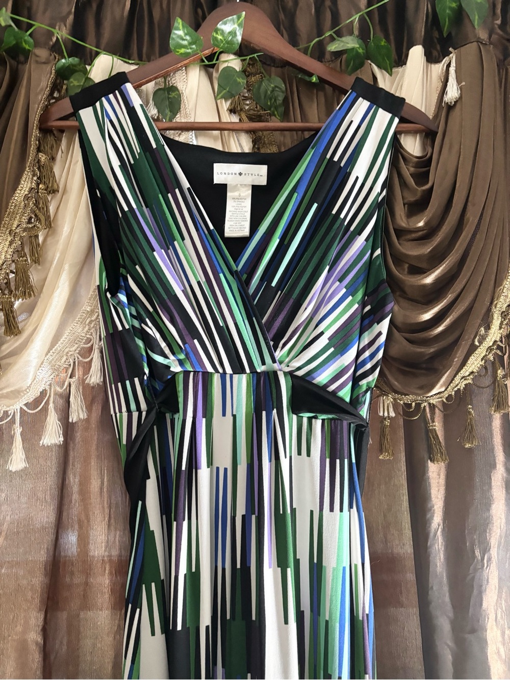 London Style Green, Blue & Black Striped V-Neck Maxi Dress
